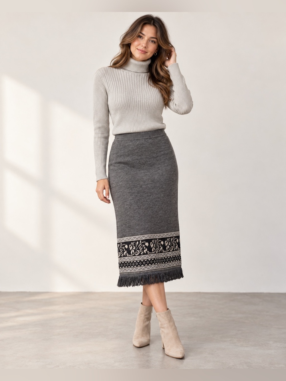 Nina Leonard Petite Gray Wool Blend Jacquard Fringe Midi Skirt PM
